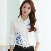 빅사이즈 블라우스 이쁜옷 여성 상의 큰옷 긴 소매 블루 나비 플라워 프린트 여름 가을 탑 우아한 작업 사무실 코티지 셔츠 화이트 181