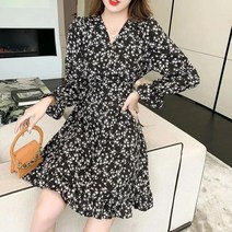 DFMEI 작은 키 쉬폰 긴팔 원피스 봄가을 핫한 빅사이즈 여성복 브이넥 미디스커트