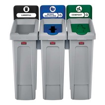 Rubbermaid Commercial Products 2007918 길쭉한 재활용 쓰레기통 매립/혼합 재활용/퇴비(블랙/블, 3 Stream Compost, Station