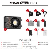 카메 라 스튜디오 용품 Zhiyun MOLUS X100 LED 조명 유튜브 비디오 촬영용 사진용 포켓 Cob 100W, 9.Molus X100 Pro - 미국