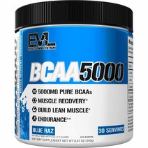 Evlution EVL BCAAs 아미노산 파우더 - BCAA 파우더 운동 후 회복 음료 및 스팀 프리 운동 전 에너지 음료 파우더 - 5g 분지쇄 아미노산 보충제 남성용 - 블루, 30 Servings (Pack of 1), Blue Raz