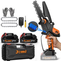 Jemi 미니 무선 소형 전기톱 체인톱 충전식 21V 풀세트 6인치 톱날 전력량 숫자 표시, 2x 배터리, 체인 1개