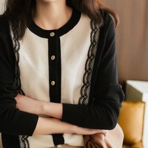 허그허그 / 배색 레이스라인 니트 가디건