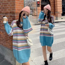 빅사이즈 스웨터 여성의류 인싸템 무드 와이드 루즈핏 뱃살커버 무지개 색상 원피스 뚱뚱한 긴 소매 러블리 2558693267