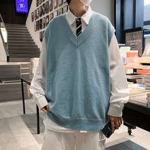 남성 민소매 조끼 v넥 니트 스웨터 봄 가을 단색 오버사이즈 배기 상의 패션 스트리트웨어 빈티지 Y2K 의류