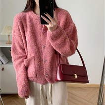 부클 가디건 집업 모헤어 니트 하트 트위드 여성 초록색 그린 꽈배기 퍼 후드 뽀글이