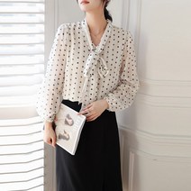 넷투넷코리아 여성 v넥 레귤러핏 빈티지 리본 도트 쉬폰 블라우스