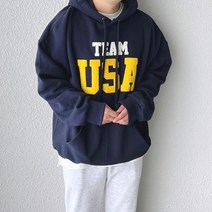 코튼 오버핏 USA 레터링 부클 기모 자수 박스핏 후드티셔츠 (4color)