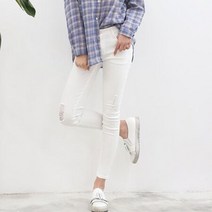여성 데일리 패션 의류 슬림핏 헤지 스키니진 화이트