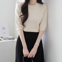 제니트 여성 기본핏 라운드넥 퍼프 소매 반팔니트 르엘퍼프반팔