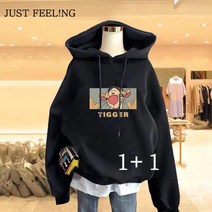 HAI PAI 기모후드맨투맨 기모 후드 루즈핏 캐주얼 맨투맨 프린팅 캐릭터 긴팔 후드티 1+1