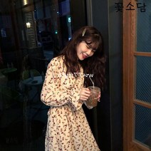 꽃소담A1157 여성 플라워 쉬폰 긴팔 브이넥 벌룬소매 롱 원피스