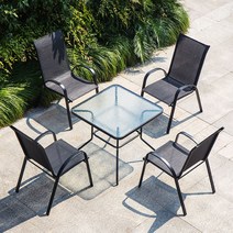 썬빌라 메쉬의자 코스트코 아웃도어 휴양지 썬베드 야외 의자 홈 레저 등받이 안락 의자 야외 밀크티 숍 방수 야외 안뜰 테이블과 의자 우산 조합, 물무늬 조립 사각테이블 80개   검정색 의자 4개