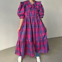 봄원피스 세련된 한국 스타일 복고풍 목재 귀 싱글 브레스트 퍼프 슬리브 드레스 여성용 여름 원피스 색