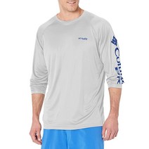 Columbia 남성용 PFG 터미널 태클 UPF 50 긴팔 낚시 티셔츠 블랙/쿨 그레이 로고 1X, Cool Grey/Vivid Blue Logo