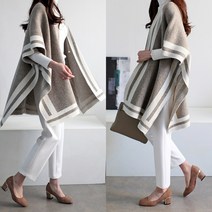 하늘바라기 여성용 프랑 배색 울 판초 가디건