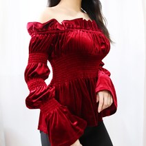 리피니피 스모크 벨벳 오프숄더 나팔소매 블라우스