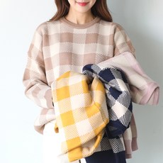 빼빼 여성용 자카드체크 라운드넥 니트티셔츠