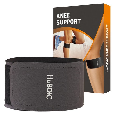 HuBDIC 글씨가 찍힌 회색 무릎 밴드와 KNEE SUPPORT 상자