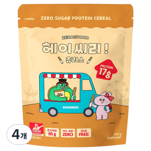 제로스푼 헤이씨리 무설탕 프로틴 그래놀라 츄러스 시리얼, 200g, 4개