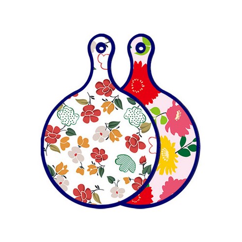 로엠디자인 블루에디션 양면 원형 서빙 도마 floral 목련 패턴, 국화핑크분홍, 1개