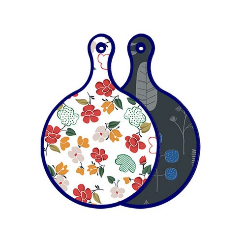 로엠디자인 블루에디션 양면 원형 서빙 도마 floral 목련 패턴, 감색나무라인, 1개