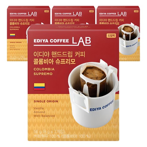 이디야커피연구소 핸드드립 콜롬비아 슈프리모 드립커피, 8g, 7개입, 4개