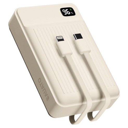 바우아토 포켓쉴 고속 입출력 케이블 일체형 미니 대용량 난연 보조배터리 20000mAh C타입 애플8핀 PD 22.5W, 아이보리