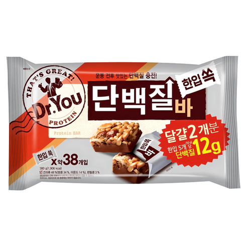 오리온 닥터유 브랜드의 간편 휴대 단백질 스낵바. 1개당 단백질 15g+ 함유, 저칼로리 설계. 쉐이커 불필요 간편 섭취. 쫀득한 식감으로 과자처럼 즐기는 국민 단백질바 - 1
