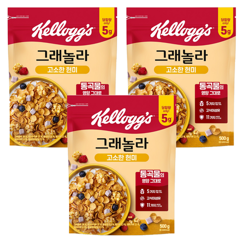 켈로그 고소한 현미 그래놀라 시리얼, 500g, 3개