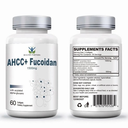 헬시파트너 AHCC 후코이단 1500mg 베타글루칸 표고버섯 균사체 알파글루칸 미역귀 무관세
