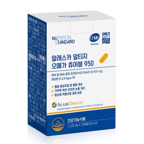 뉴트리션 스탠다드 알래스카 알티지 오메가3 츄어블 950 1개월 30캡슐 비타민E, 1박스, 30정