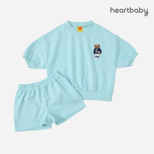 하트베이비 여름 아동용 곰돌이 자수 반팔 상하세트