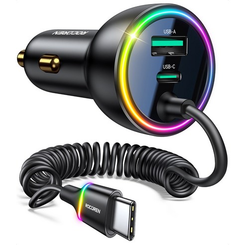 로코렌 70W 초고속 차량용 충전기 3포트 시거잭 PD QC 고속충전 USB C타입 멀티 어댑터, 1.6M 케이블, 블랙, 1.6M 케이블