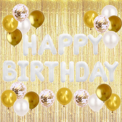 HBD 은박풍선 크롬메탈 혼합풍선세트 파티커튼 생일파티세트 [에브리띵스마일] 1221, 1세트, 화이트 골드 풍선 커튼