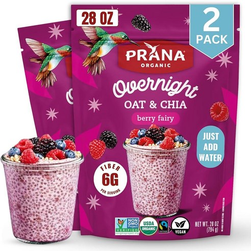 Prana 유기농 오버나이트 치아 귀리 베리 요정 | 풍부한 섬유질 및 단백질 비건 GMO 프리 바로 먹을 수 있는 아침 식사 - 793.8g(28온스) 백 2팩 158624