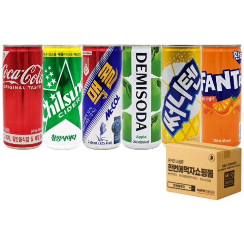 [한번에먹자] 탄산음료세트 250ml 6종 5캔씩 코카콜라업소 + 칠성사이다업소 + 웰치스포도 + 환타오렌지 + 써니텐파인애플 + 데미소다 애플 총30캔 캔음료수 모음
