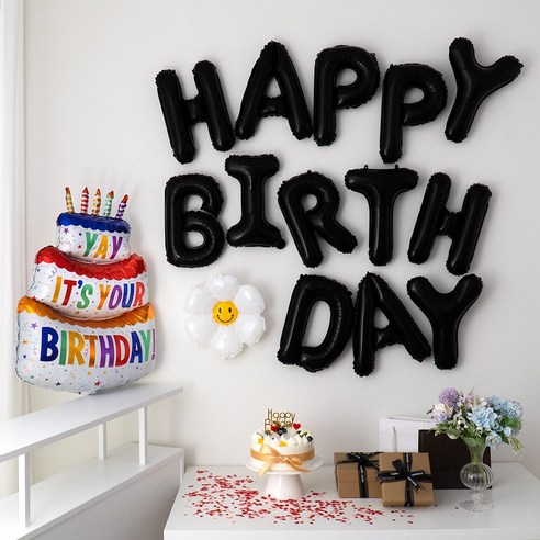 해피제이니 생일이벤트 풍선 레터링 가랜드 레인보우 생일 파티용품 세트, 1세트, 블랙세트