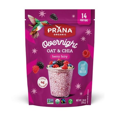 Prana 오트밀 프라나 오버나잇 치아와 오트 베리 페어리 섬유질과 단백질 풍부 비건 비GMO 바로 먹는 아침식사 28온스 가방 1개