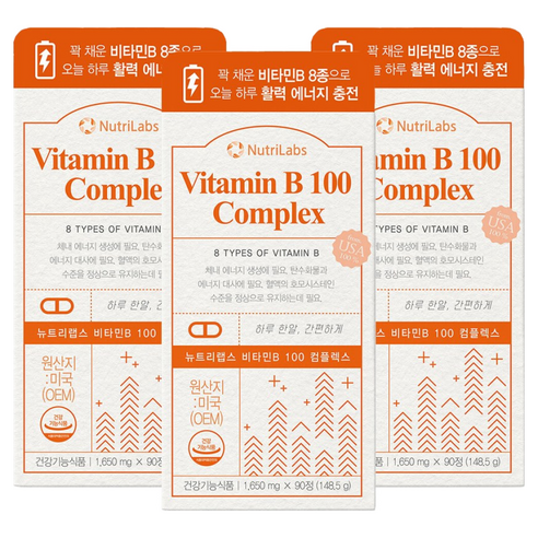 뉴트리랩스 비타민B 100 콤플렉스 90정 x3개고농축 비타민B컴플렉스 영양제 여성 남성 피로회복, 90정, 3개