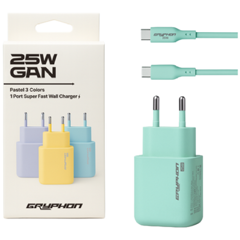 GRYPHON 25W 초고속 충전기 파스텔 3컬러 PD PPS C타입 케이블 포함, 1개, 민트
