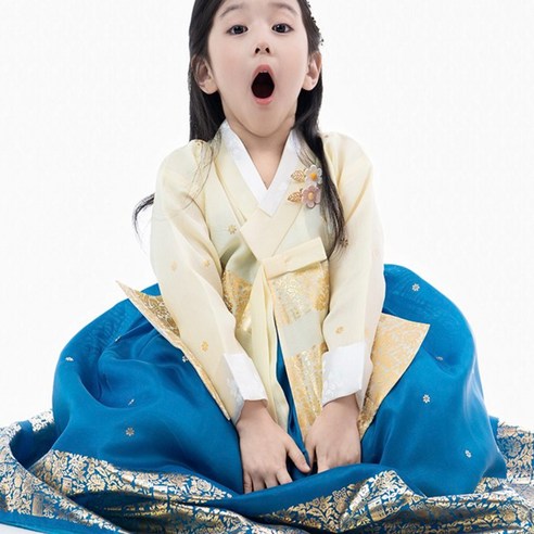 금박 노랑당의 파랑치마 고급 여아한복 아동 (백일-10호) 돌잔치 아기 어린이 유아 키즈 유치원 어린이집