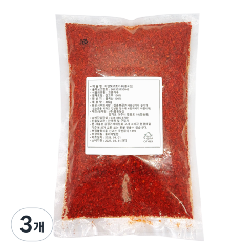 국내세척가공 수입고춧가루 김치용 다용도입자, 3개, 500g