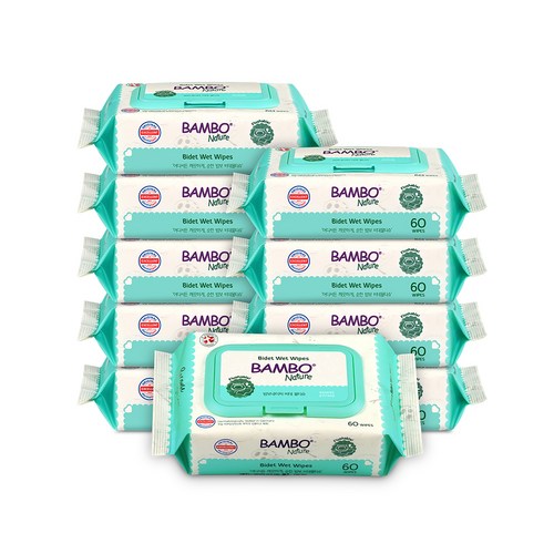 밤보네이처 밤보그린 비데 유아물티슈 캡형, 60매, 10개