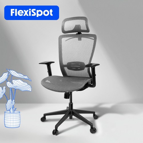 FlexiSpot 인체공학 다각도 조절 사무 의자 요추보호 틸팅 팔걸이 목받침 조절 컴퓨터의자 OC3, 그레이(메쉬좌면)