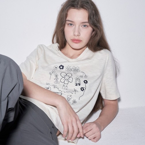 올리비아로렌 여성용 자수 모티브 브이넥 면 티셔츠 VVBAS5M3481