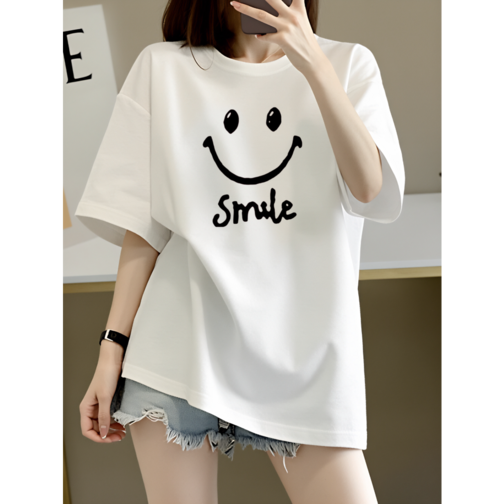 스마일 이모티콘과 Smile 문구 프린팅이 있는 100 순면 여성용 반팔 티셔츠, 남녀공용, 블랙화이트, 캐주얼 클래식 패션, 선물