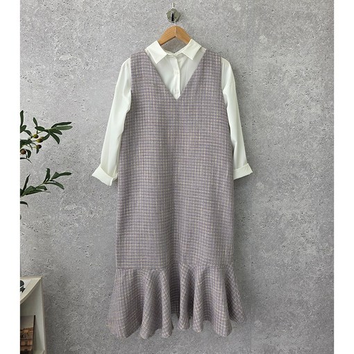 제이웰 여성 루즈핏 민소매 뷔스티에  트위드 머메이드 체크원피스