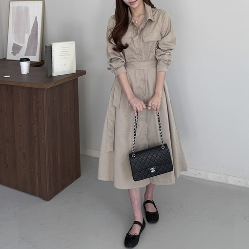 행복여 루시 모던 절개 플랩 셔츠 카라 플레어 원피스