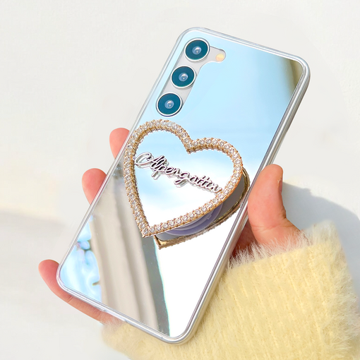 리얼 미러 거울 케이스 톡 젤리 그립 손잡이 홀더 그립 하트골드, 갤럭시S22 플러스